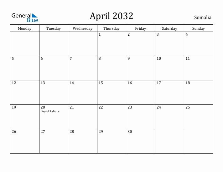 April 2032 Calendar Somalia