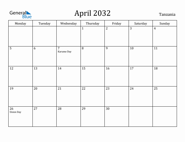 April 2032 Calendar Tanzania