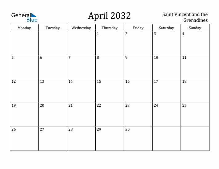 April 2032 Calendar Saint Vincent and the Grenadines