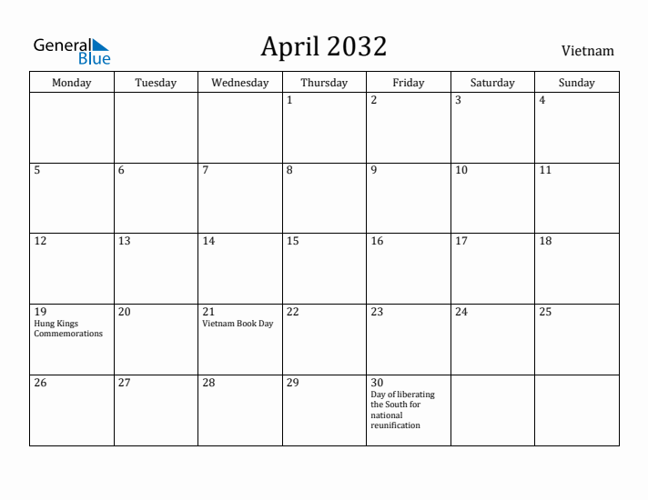April 2032 Calendar Vietnam