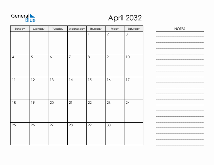 Printable Monthly Calendar with Notes - April 2032