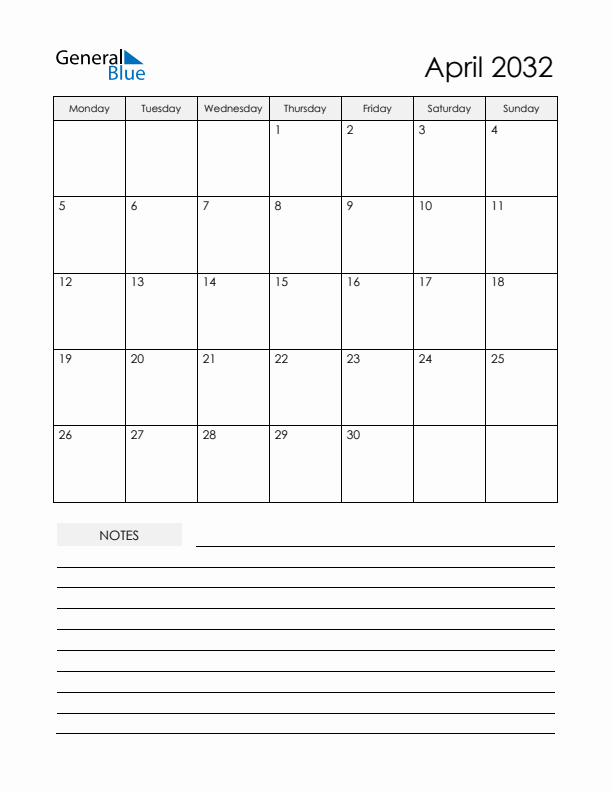 Printable Calendar with Notes - April 2032 