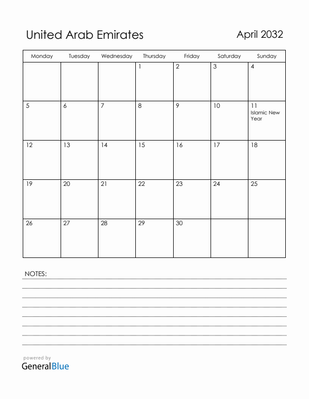 April 2032 United Arab Emirates Calendar with Holidays (Monday Start)