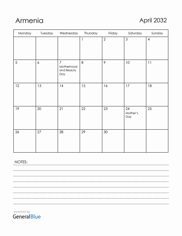 April 2032 Armenia Calendar with Holidays (Monday Start)