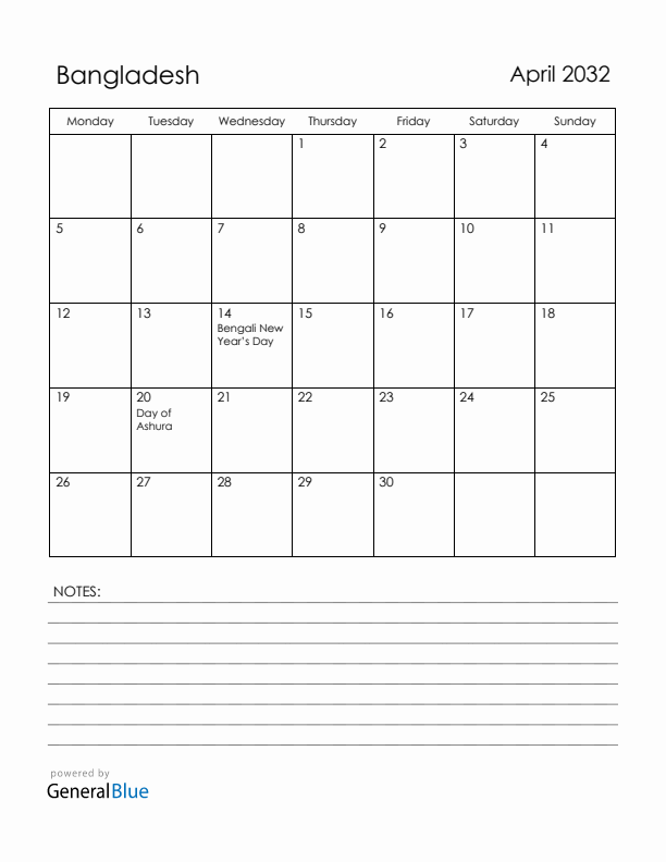 April 2032 Bangladesh Calendar with Holidays (Monday Start)
