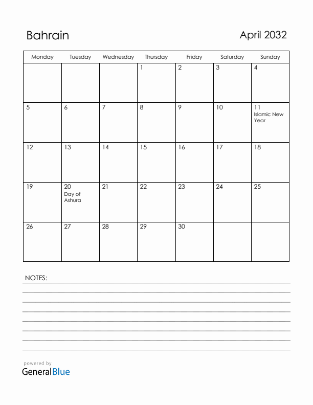 April 2032 Bahrain Calendar with Holidays (Monday Start)