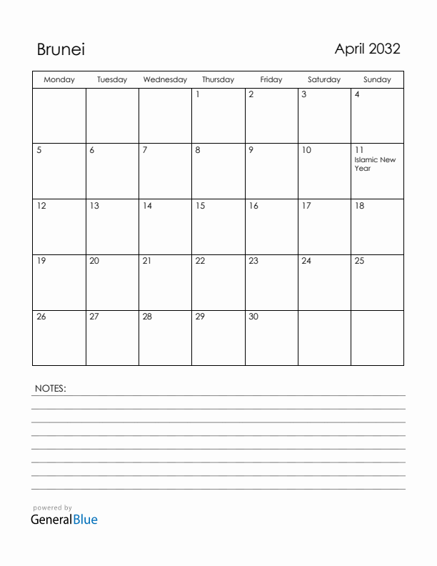 April 2032 Brunei Calendar with Holidays (Monday Start)