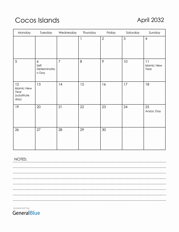 April 2032 Cocos Islands Calendar with Holidays (Monday Start)