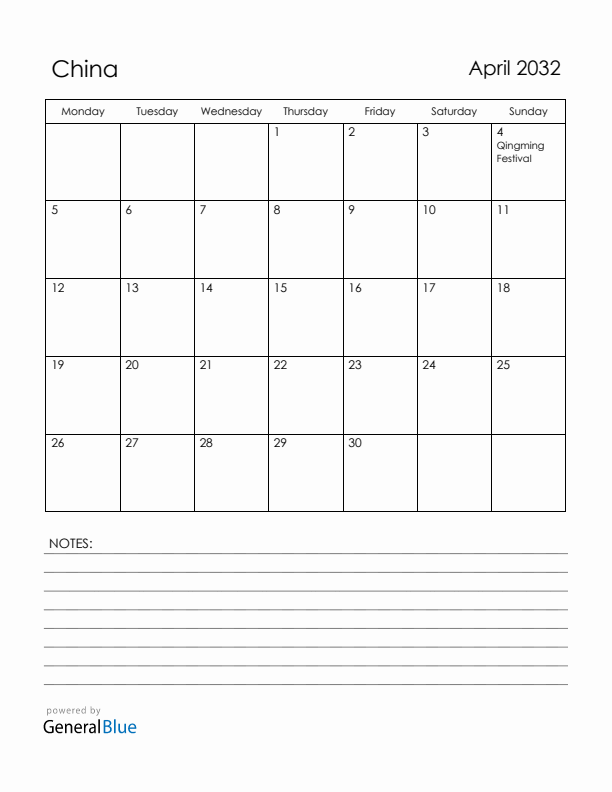 April 2032 China Calendar with Holidays (Monday Start)