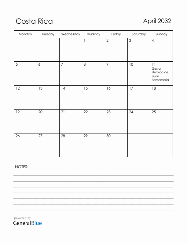 April 2032 Costa Rica Calendar with Holidays (Monday Start)