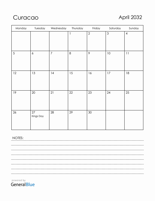 April 2032 Curacao Calendar with Holidays (Monday Start)