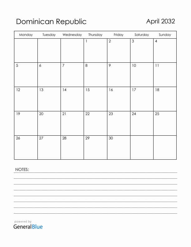 April 2032 Dominican Republic Calendar with Holidays (Monday Start)