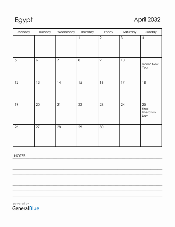 April 2032 Egypt Calendar with Holidays (Monday Start)