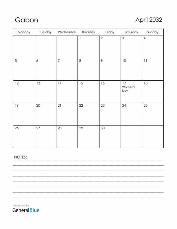 April 2032 Gabon Calendar with Holidays (Monday Start)