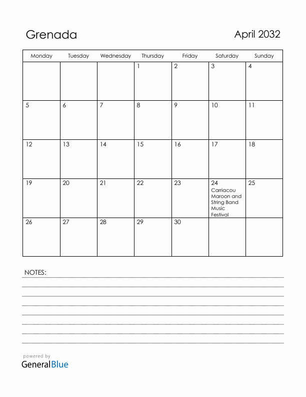 April 2032 Grenada Calendar with Holidays (Monday Start)