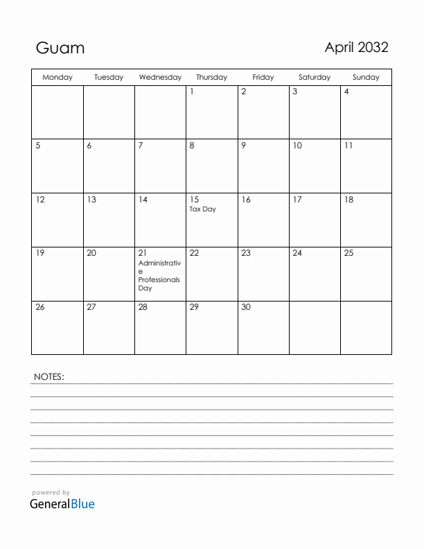 April 2032 Guam Calendar with Holidays (Monday Start)