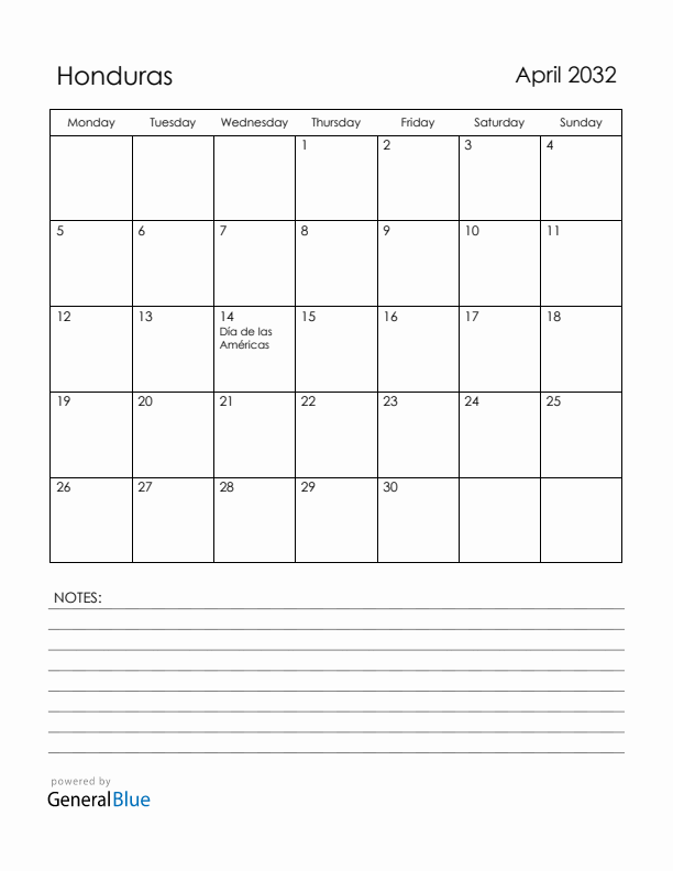 April 2032 Honduras Calendar with Holidays (Monday Start)