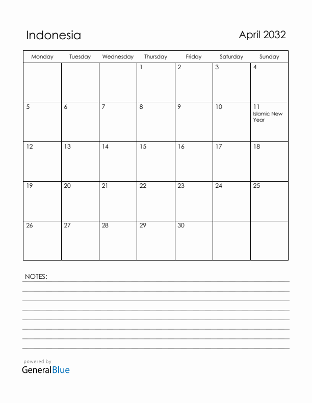 April 2032 Indonesia Calendar with Holidays (Monday Start)