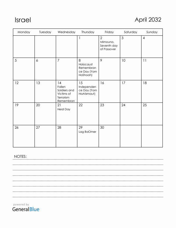 April 2032 Israel Calendar with Holidays (Monday Start)