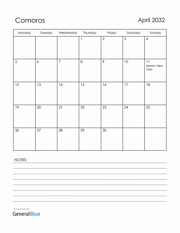 April 2032 Comoros Calendar with Holidays (Monday Start)