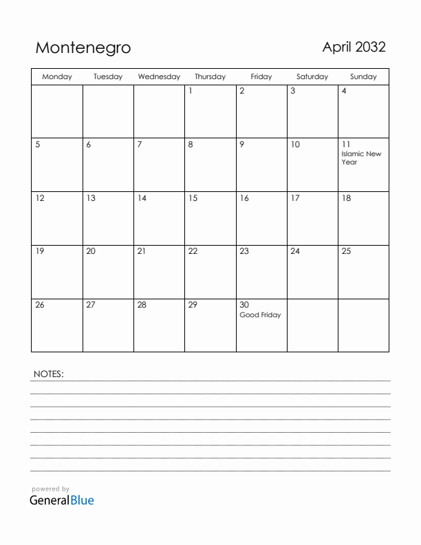 April 2032 Montenegro Calendar with Holidays (Monday Start)