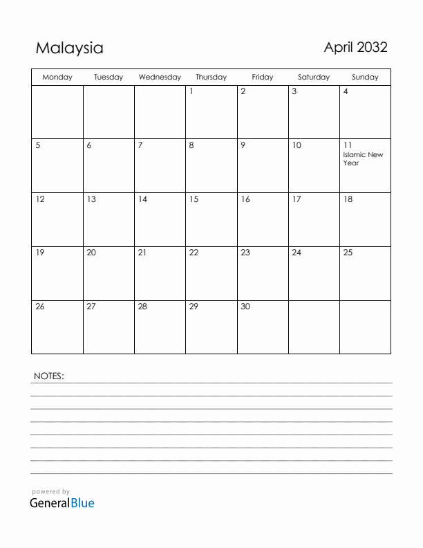 April 2032 Malaysia Calendar with Holidays (Monday Start)