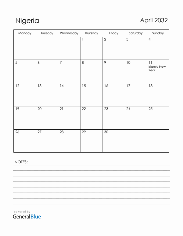 April 2032 Nigeria Calendar with Holidays (Monday Start)