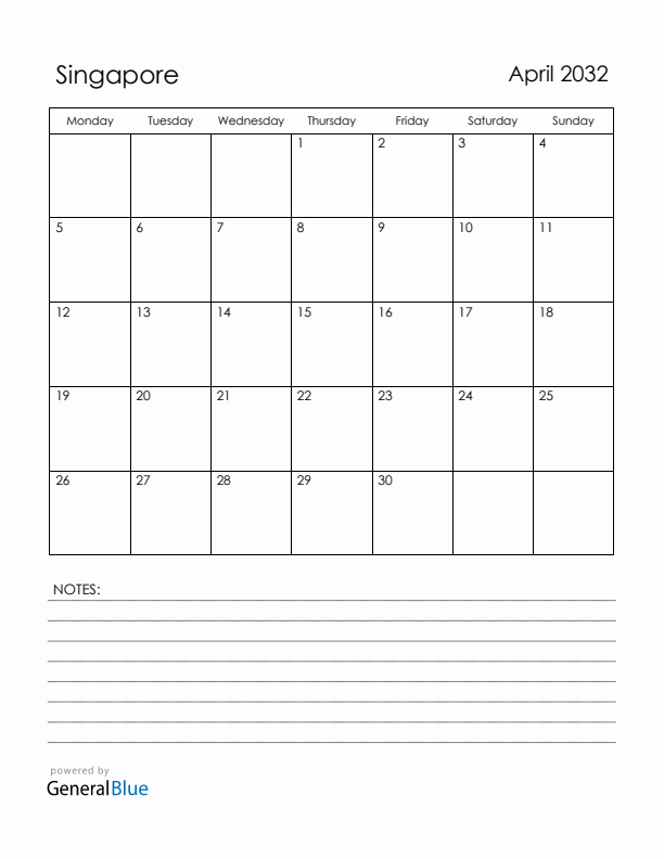 April 2032 Singapore Calendar with Holidays (Monday Start)