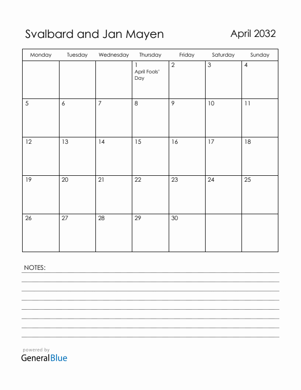 April 2032 Svalbard and Jan Mayen Calendar with Holidays (Monday Start)