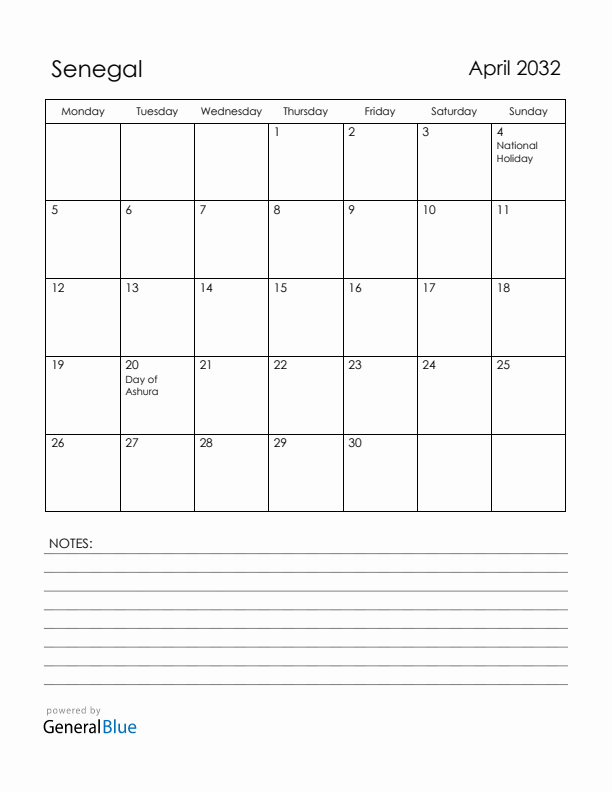 April 2032 Senegal Calendar with Holidays (Monday Start)