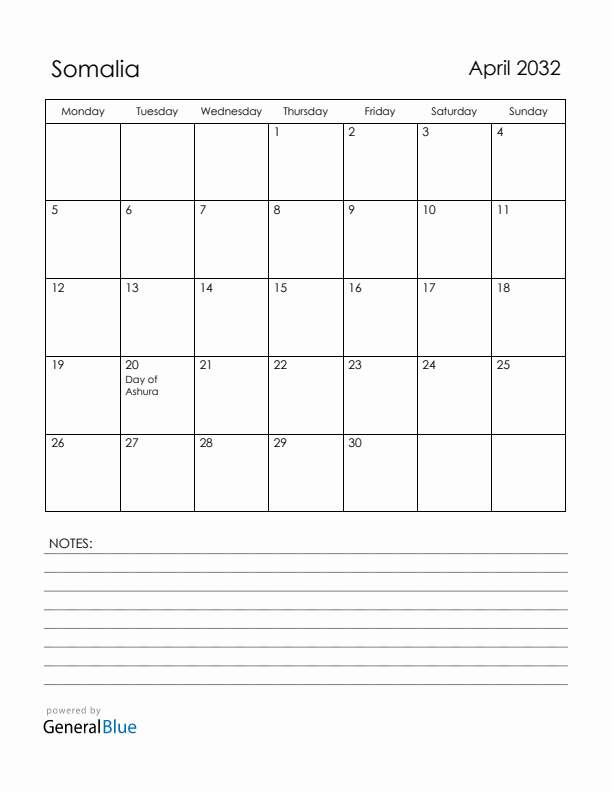 April 2032 Somalia Calendar with Holidays (Monday Start)