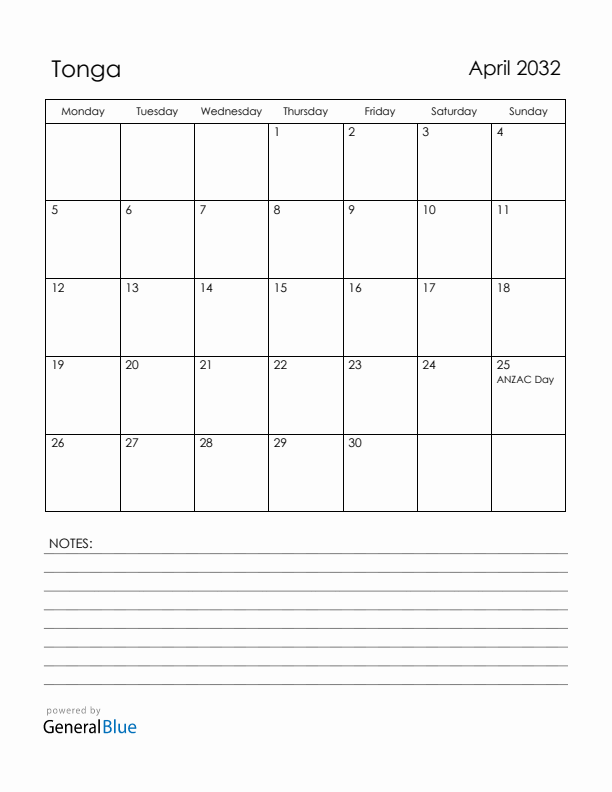 April 2032 Tonga Calendar with Holidays (Monday Start)