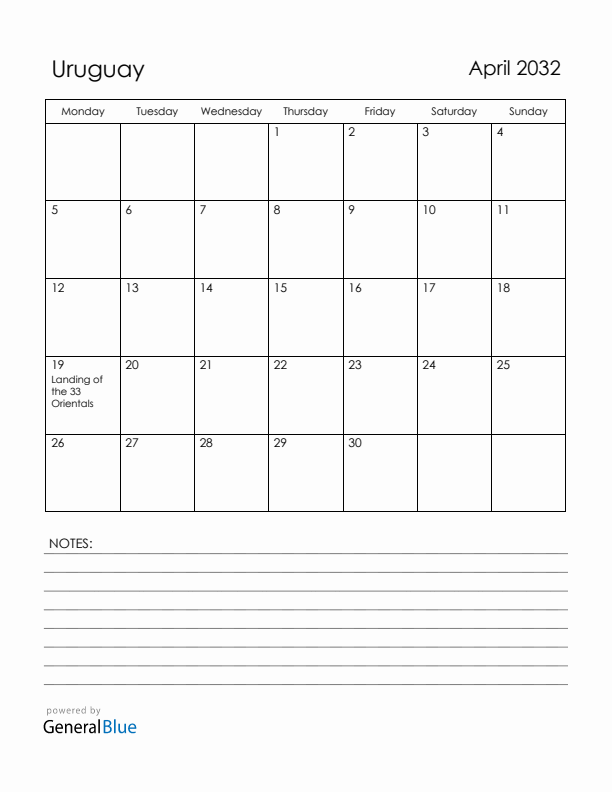 April 2032 Uruguay Calendar with Holidays (Monday Start)