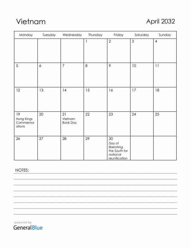 April 2032 Vietnam Calendar with Holidays (Monday Start)