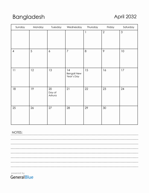 April 2032 Bangladesh Calendar with Holidays (Sunday Start)
