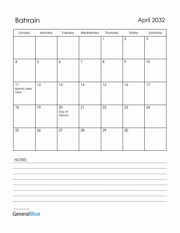 April 2032 Bahrain Calendar with Holidays (Sunday Start)