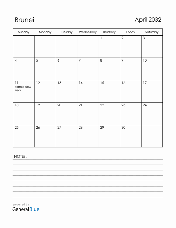 April 2032 Brunei Calendar with Holidays (Sunday Start)