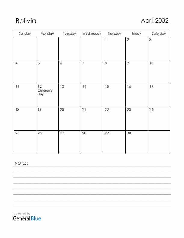 April 2032 Bolivia Calendar with Holidays (Sunday Start)