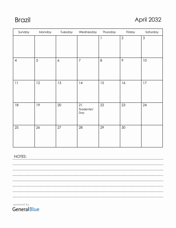 April 2032 Brazil Calendar with Holidays (Sunday Start)