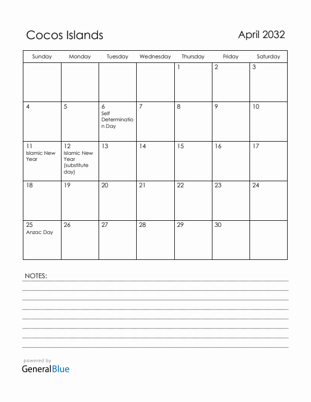 April 2032 Cocos Islands Calendar with Holidays (Sunday Start)