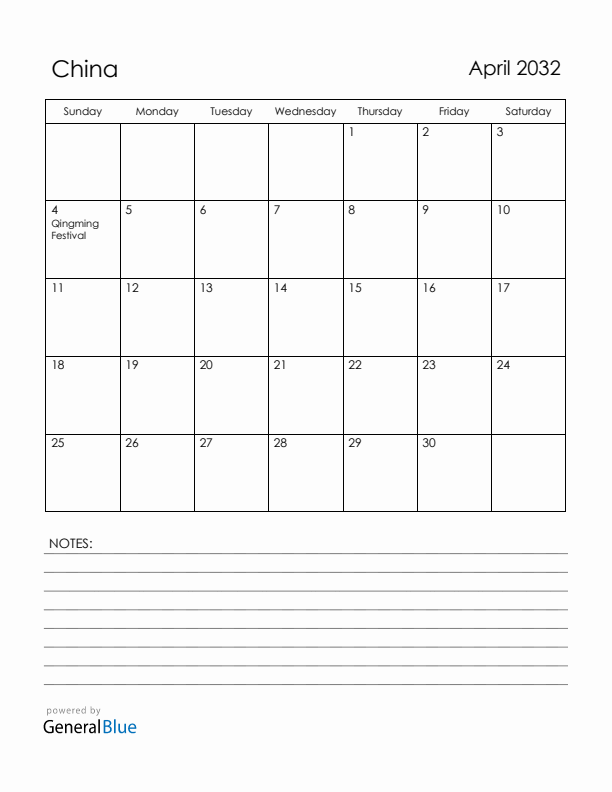 April 2032 China Calendar with Holidays (Sunday Start)