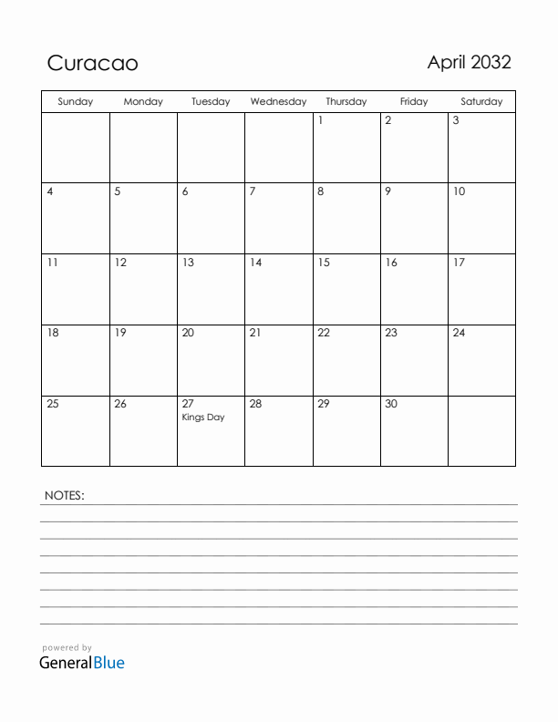 April 2032 Curacao Calendar with Holidays (Sunday Start)