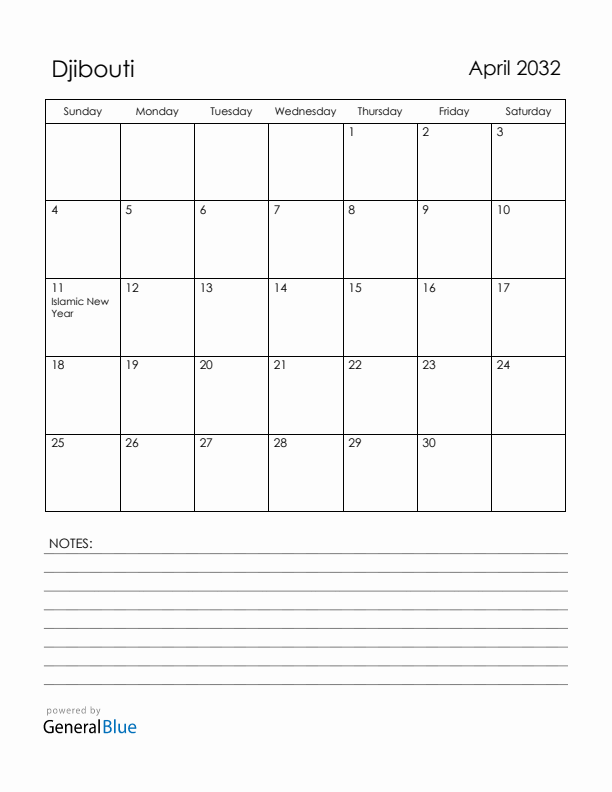 April 2032 Djibouti Calendar with Holidays (Sunday Start)