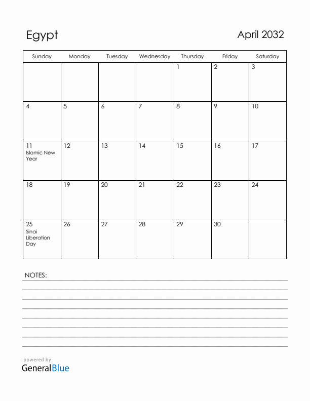 April 2032 Egypt Calendar with Holidays (Sunday Start)