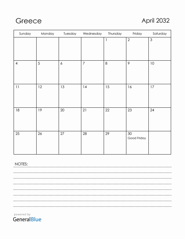 April 2032 Greece Calendar with Holidays (Sunday Start)