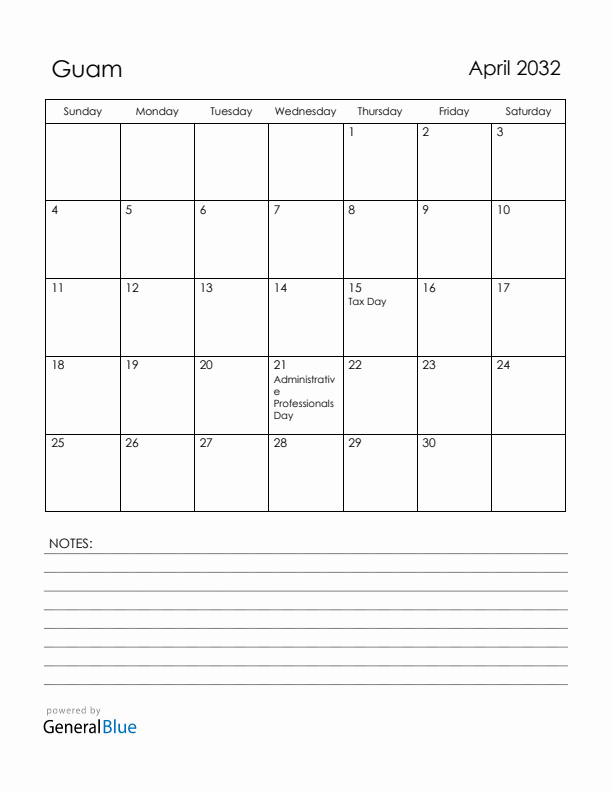 April 2032 Guam Calendar with Holidays (Sunday Start)