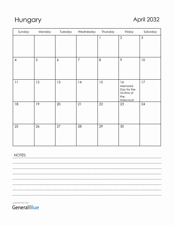 April 2032 Hungary Calendar with Holidays (Sunday Start)