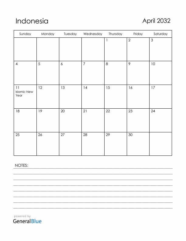 April 2032 Indonesia Calendar with Holidays (Sunday Start)