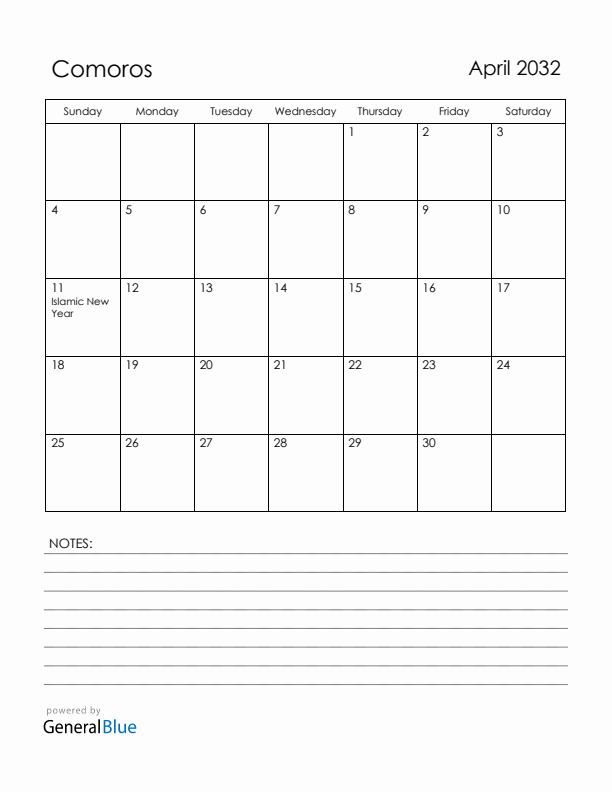April 2032 Comoros Calendar with Holidays (Sunday Start)