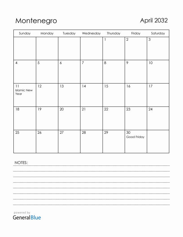 April 2032 Montenegro Calendar with Holidays (Sunday Start)